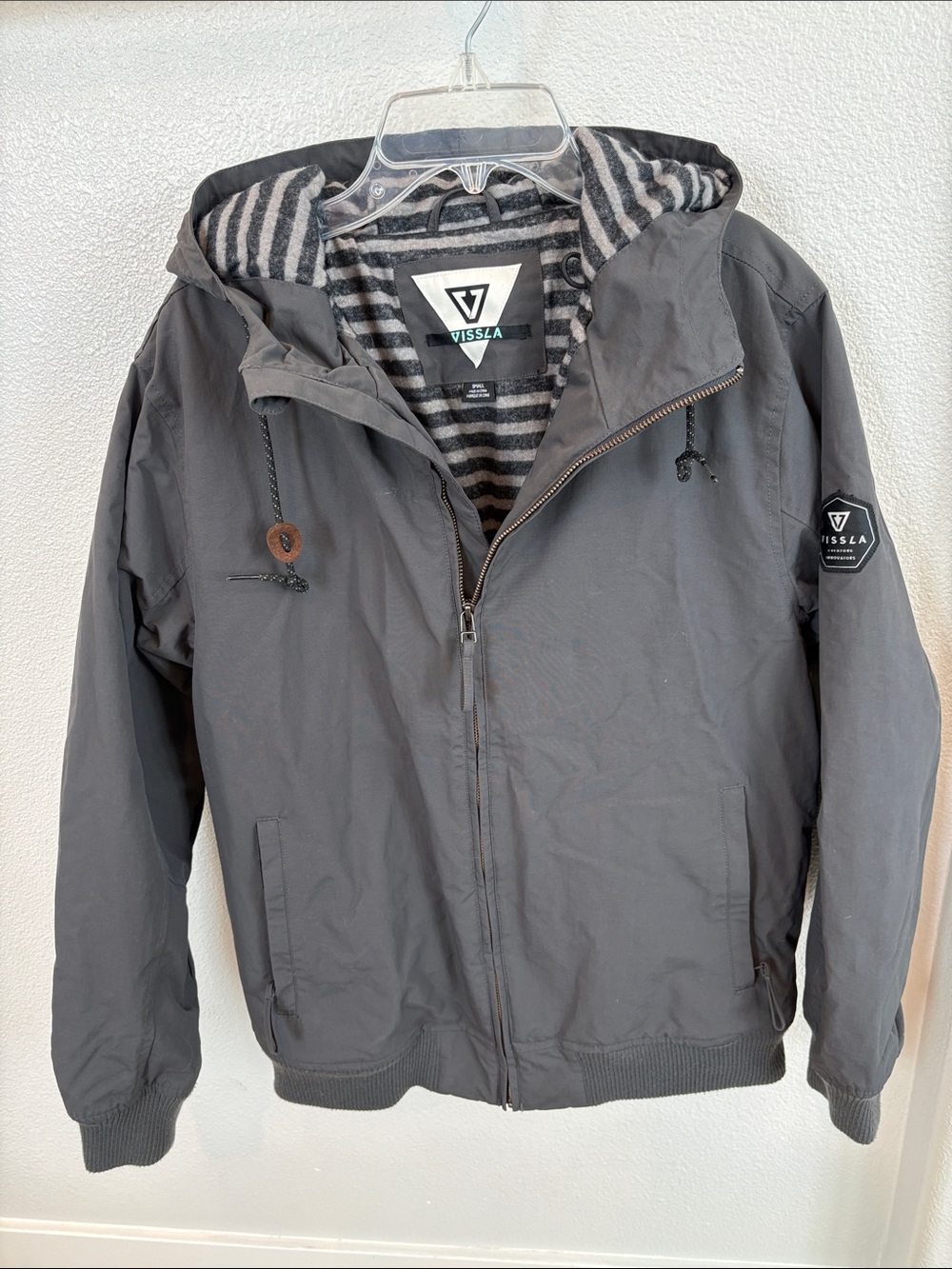 VISSLA Gray Hooded Windbreaker Jacket with Striped Liner
